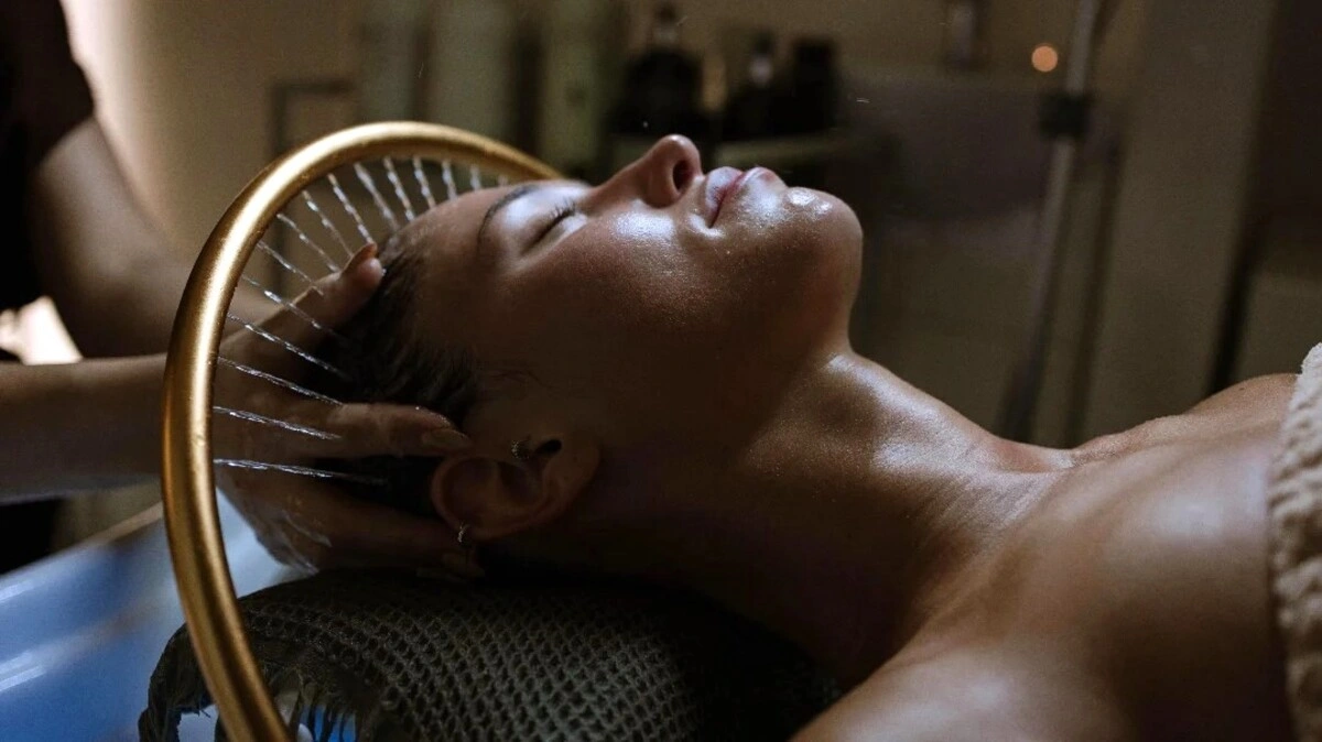 Primo piano di una donna rilassata con gli occhi chiusi durante un head spa giapponese in un salone tranquillo