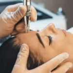Primo piano di un trattamento di microneedling professionale sul viso di una donna in una clinica