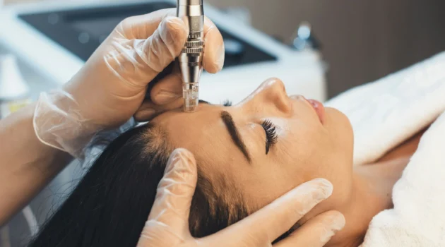 Primo piano di un trattamento di microneedling professionale sul viso di una donna in una clinica