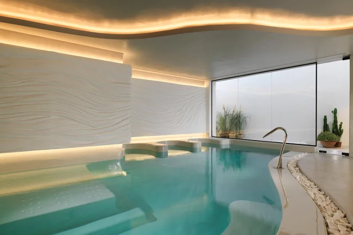 Una piscina di talassoterapia al coperto con acqua turchese chiaro e lettini integrati, una parete bianca dalla texture a onde illuminata da luce a soffitto incassata, un soffitto curvo, una grande finestra opaca, graminacee in vaso e un cactus, e un bordo di ciottoli.
