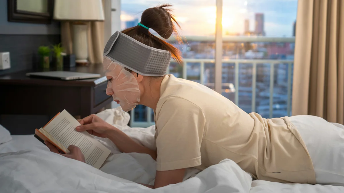 Vista laterale di una donna distesa a pancia in giù sul letto mentre legge un libro, con una maschera idratante sul viso e una fascia tra i capelli