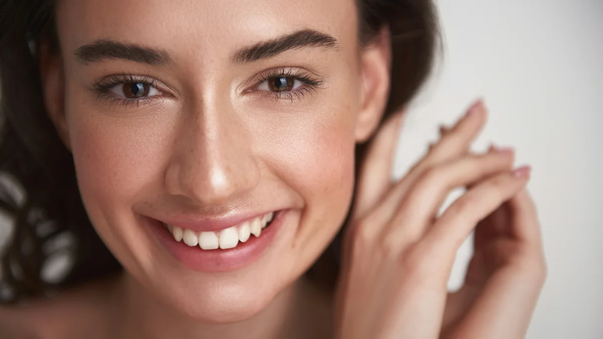 Primo piano del viso sorridente di una donna con un trucco leggero e la pelle luminosa