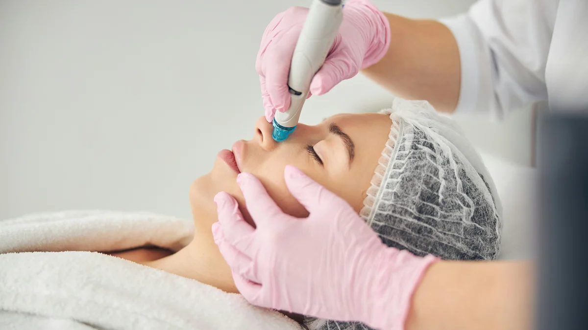 Primo piano di una donna durante un trattamento HydraFacial mentre una professionista con i guanti fa scivolare il dispositivo sul suo naso