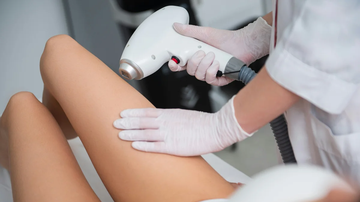 Primo piano di un’estetista che tratta la parte bassa della gamba di una cliente durante una seduta di epilazione laser