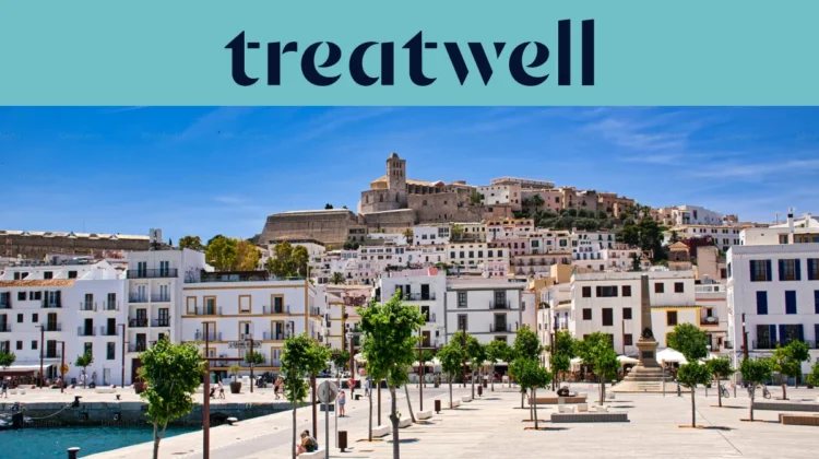 Vista soleggiata su Ibiza città, con edifici imbiancati a calce che salgono fino alla cattedrale e alle antiche mura fortificate di Dalt Vila sulla collina. Una passeggiata del porto alberata attraversa il primo piano sotto un cielo azzurro limpido.